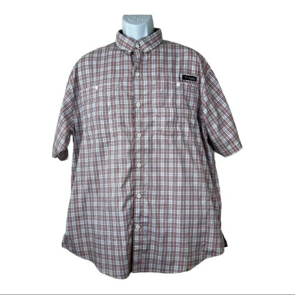 Columbia Men PFG Fishing Shirt plaid Pink White Sz L